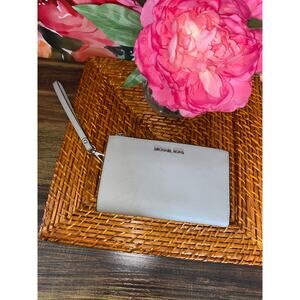 Michael Kors Gray Saffiano Leather Wristlet Wallet Double Zip Snap Closure